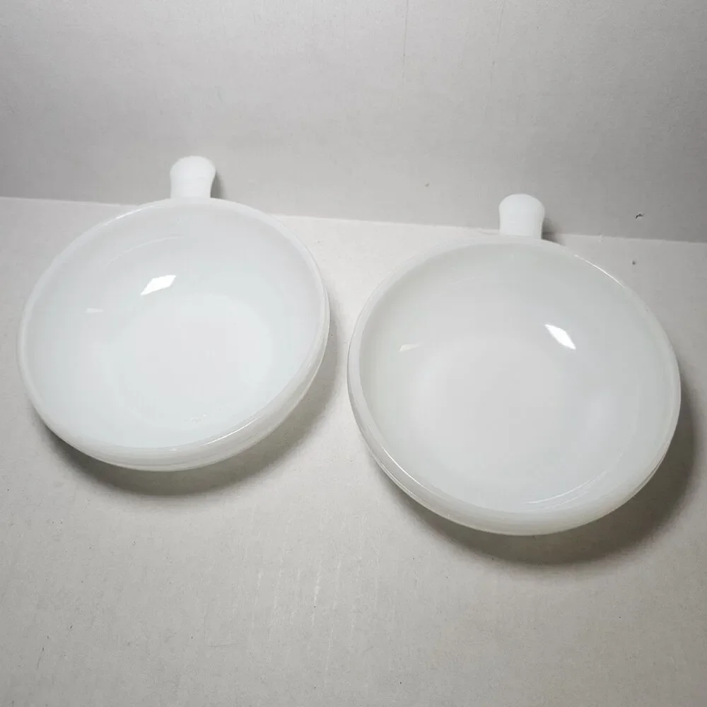 Vintage Set Of 2 Glasbake Milk Glass Soup Chili Bowls w/ Handles Solid White